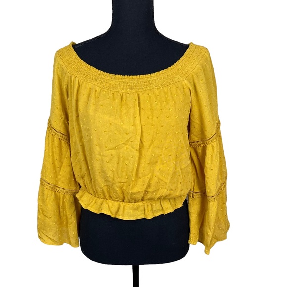 Aqua Tops - Aqua Women's Cropped Off-The-Shoulder Smocked Bell Sleeve Top Size Small Mustard